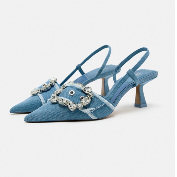 ZARA BUCKED DENIM SLINGBACK SHOES - Picture 5 of 9